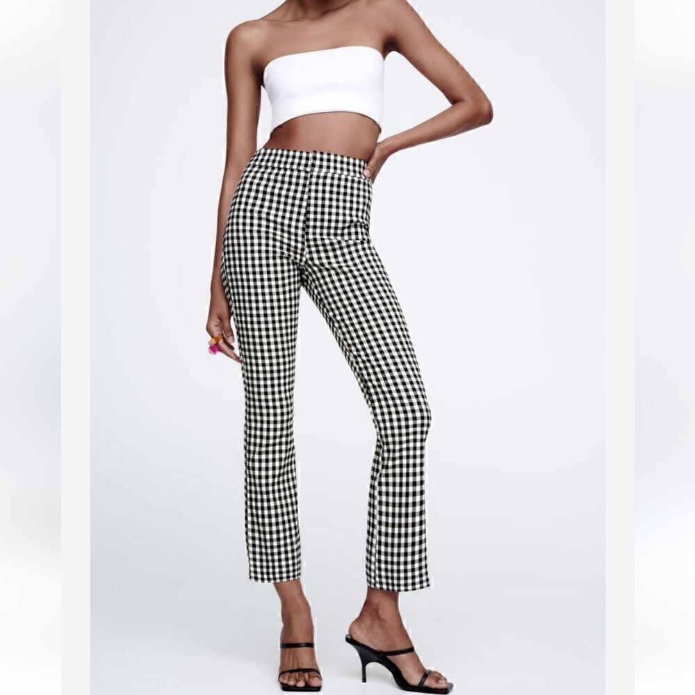 NWT Zara Plaid Beige And Black High Rise Flare Pants Size Large